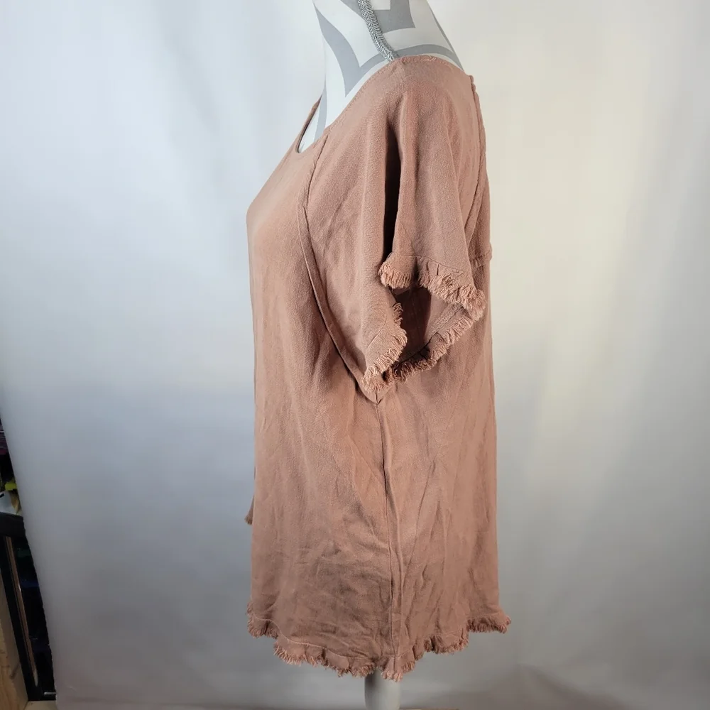 NWT Umgee USA Linen Cotton Blend Short Sleeve Fringed Salmon Pink Size Medium - Picture 5 of 9